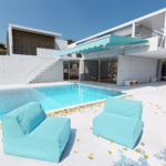 mobilier extérieur turquoise devant la piscine d'une maison contemporaine