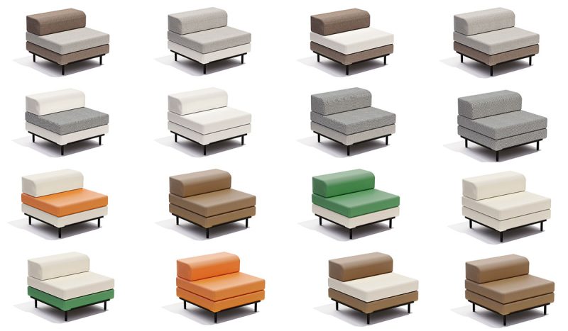 différentes combinaisons du mobilier molt en tissu sunbrella et stamskin